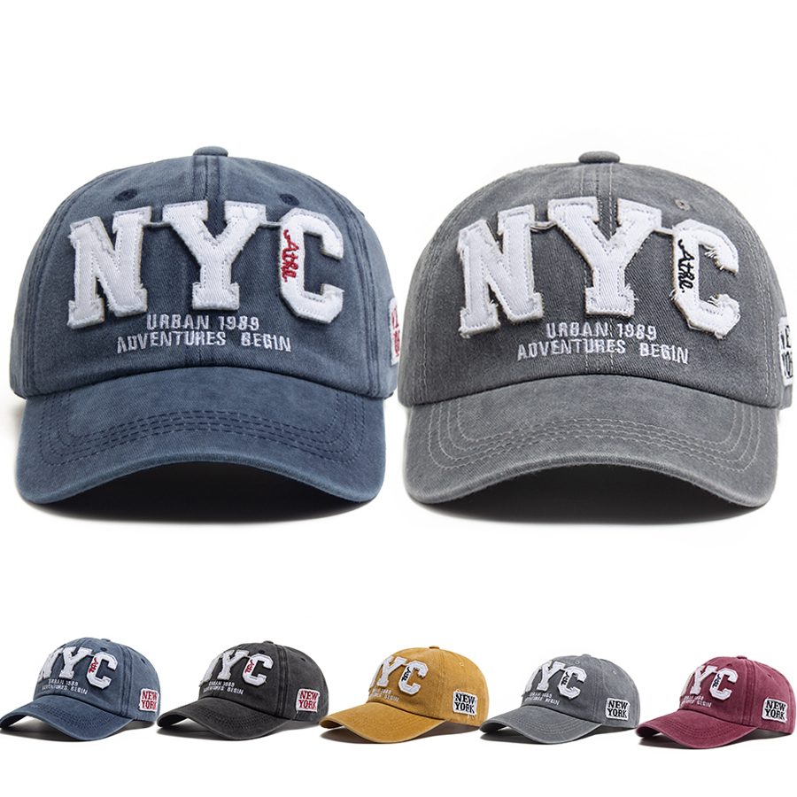 Vintage Fashion Nyc - หมวกเบสบอลผู้ชายสไตล์วินเทจ ผ้าฝ้ายฟอก แฟชั่นใหม่ ตัวอักษร NYC ขนาดใหญ่