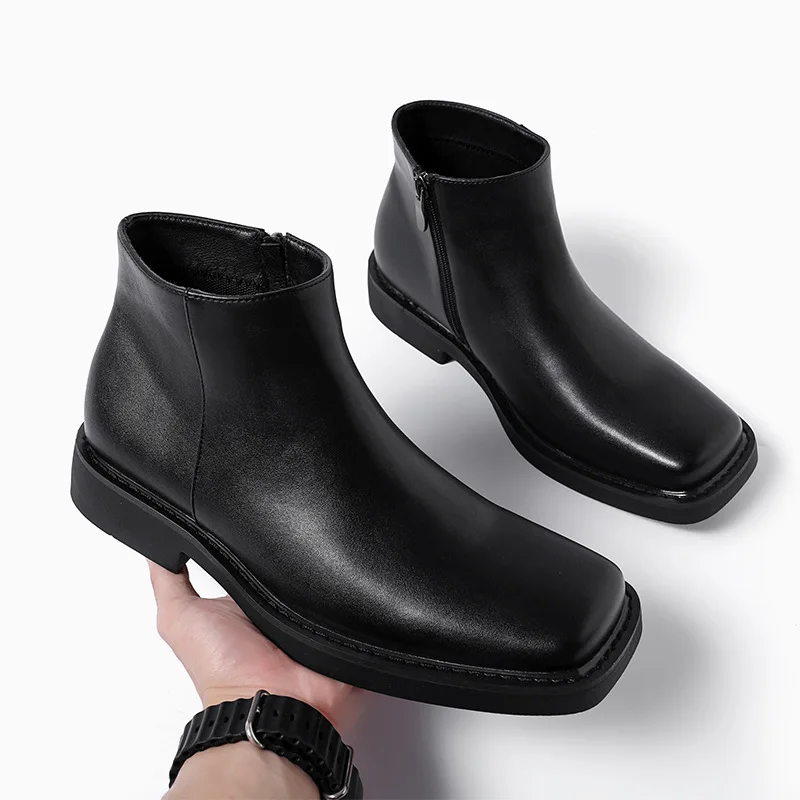 Vintage Fashion Style Men - สีดําใหม่แฟชั่นผู้ชายรองเท้าหนังลําลองรองเท้าฤดูใบไม้ร่วงฤดูหนาวรองเท้าข้อเท้า Vintage อังกฤษธุรกิจสแควร์ Toe รองเท้าเชลซี