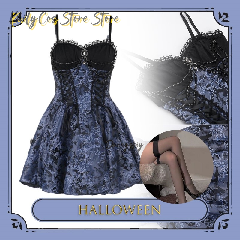 Vintage Fashion Game - เดรสทรงเอไลน์สั้นสไตล์วินเทจ แต่งลูกไม้หรูหรา แนว Y2K กอธ ลายดอกไม้
