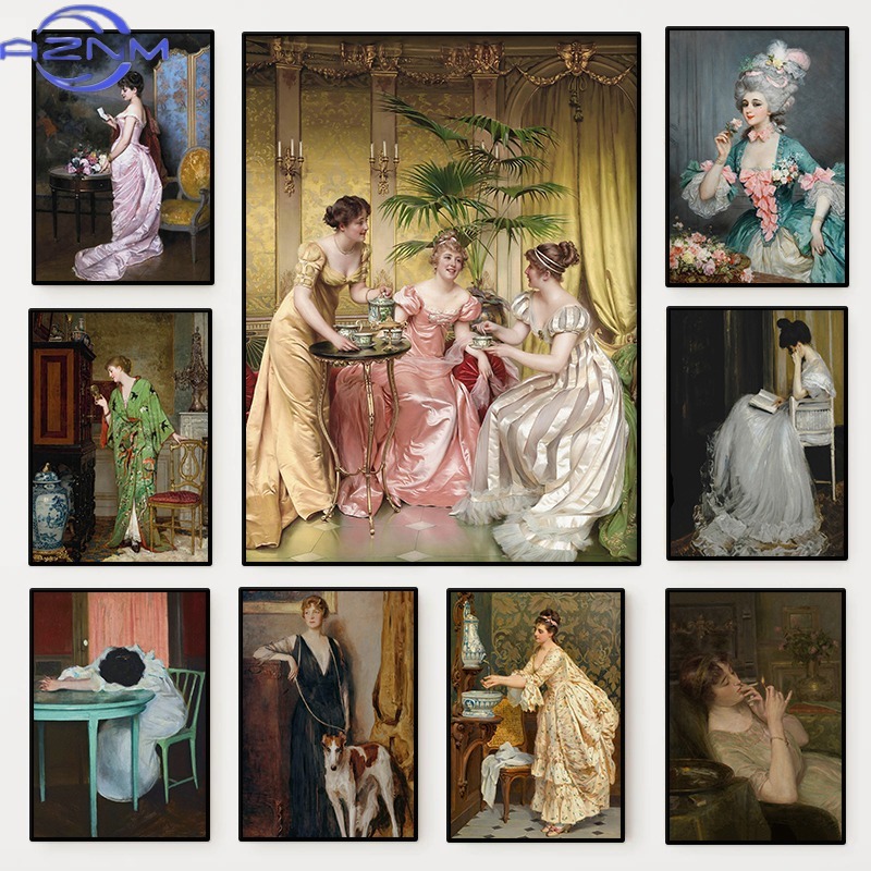 Vintage Fashion Art - โปสเตอร์ภาพเหมือนผู้หญิงยุคเรอเนซองส์ ภาพวาดบนผ้าใบสไตล์วิคตอเรียน ภาพศิลปะติดผนังสำหรับตกแต่งบ้าน ห้องนั่งเล่น