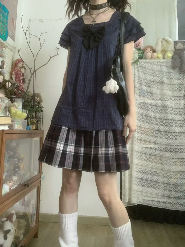 Vintage Fashion Japan - สไตล์ญี่ปุ่นวินเทจชุดสองชิ้นผู้หญิงลำลองแขนสั้นโบว์คอสี่เหลี่ยมเสื้อ + กระโปรงมินิจีบฮาราจูกุสตรีทแวร์