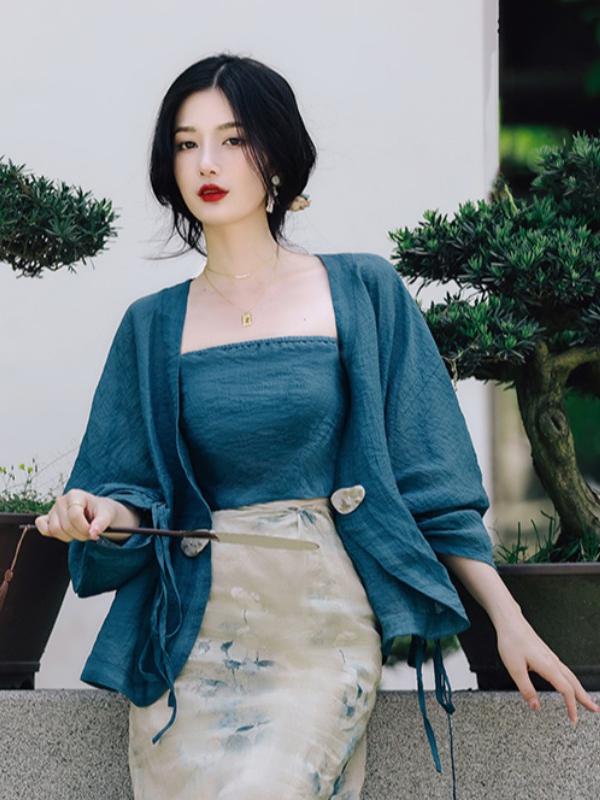 Vintage Fashion Years - ชุดเซ็ตกระโปรงสายเดี่ยวเปิดไหล่ลายดอกไม้ไซส์ใหญ่ สไตล์จีน วินเทจ คุณภาพสูง แฟชั่นผู้หญิง ฤดูใบไม้ผลิ