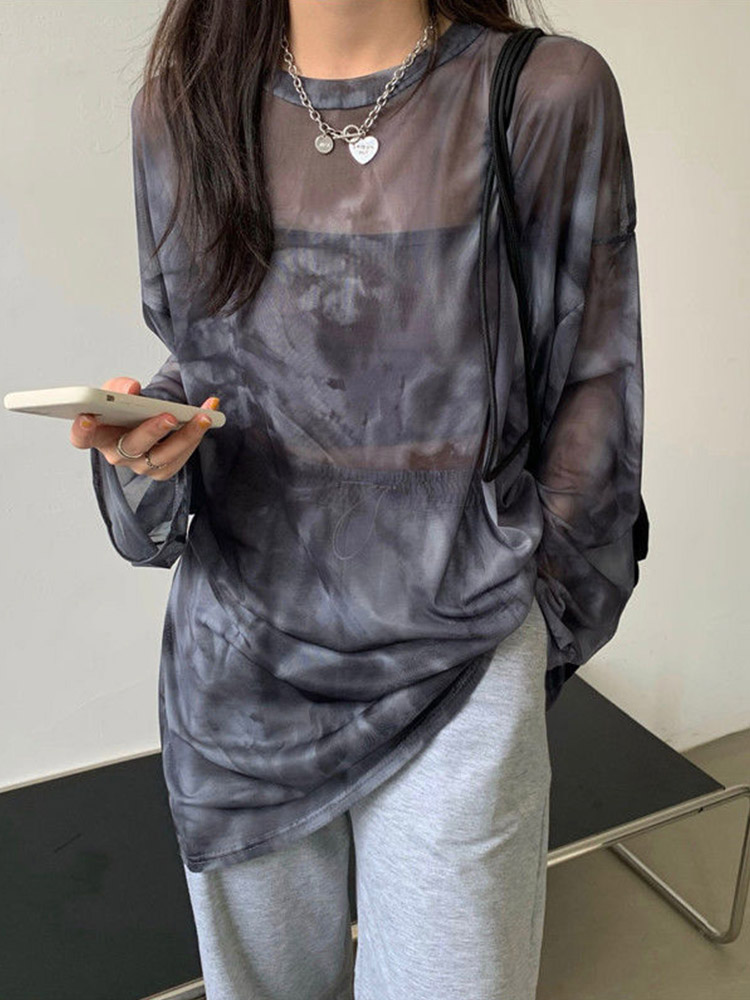 Tie Dye Shirt Vintage - เสื้อยืดผู้หญิงTie Dyeแขนยาวสุภาพสตรีฤดูใบไม้ผลิหลวมHigh Streetสไตล์บางLeisure Minimalist Harajuku InsสบายChic