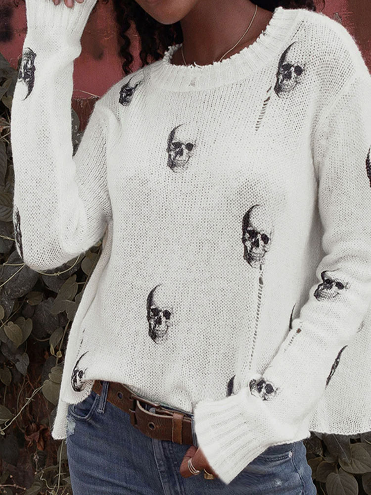 Vintage Fashion Years - เสื้อสเวตเตอร์ถักลายหัวกะโหลกสำหรับผู้หญิง แฟชั่นคอกลม แขนยาว สไตล์ลำลอง สำหรับฤดูใบไม้ร่วง