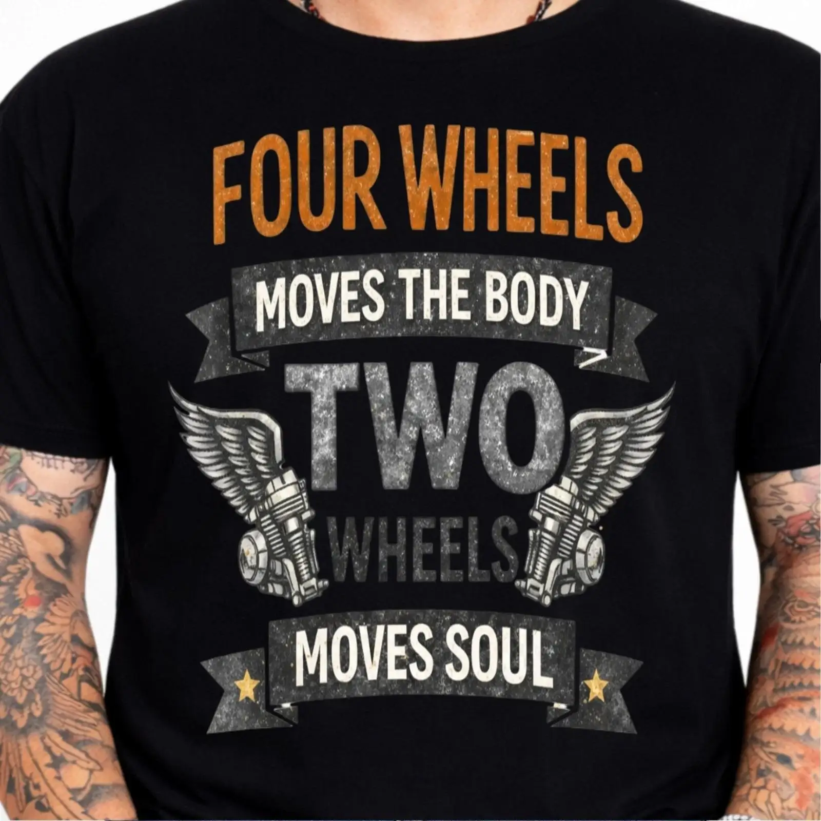 Vintage Fashion Wheel - สี่ล้อขับเคลื่อนร่างกายสองจิตวิญญาณ เสื้อยืดไบค์เกอร์มอเตอร์ไซค์วินเทจ ฟอกสีวินเทจ แฟชั่นลำลอง สวมใส่สบาย ดูเก๋