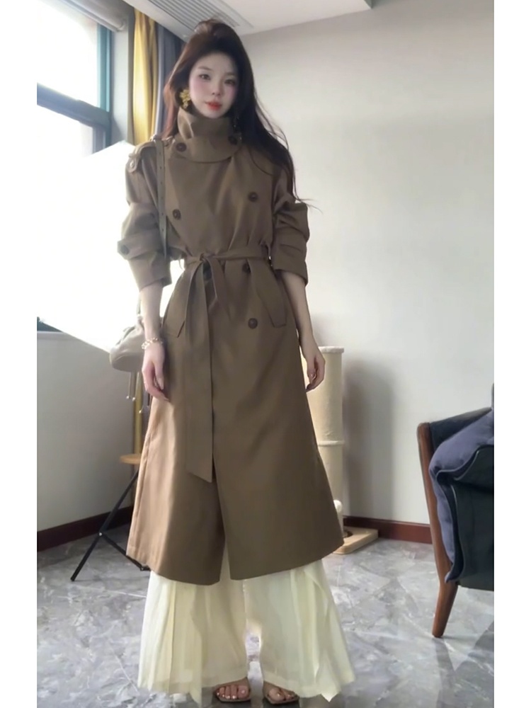 Vintage Fashion Years - เสื้อกันลมสไตล์วินเทจสำหรับผู้หญิง ดีไซน์หรูหรา กระดุมสองแถว คอตั้ง พร้อมเข็มขัด ไซส์ใหญ่