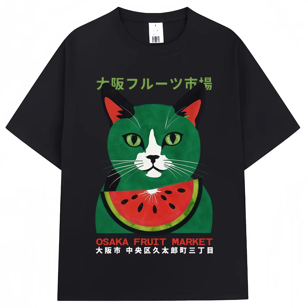 Vintage Fashion Osaka - เสื้อยืดลายแมวตลาดผลไม้โอซากะสุดฮา สไตล์ญี่ปุ่น สำหรับชายหญิง แฟชั่นคาวาอี้ วินเทจ เสื้อยืดผ้าฝ้ายทรงหลวม