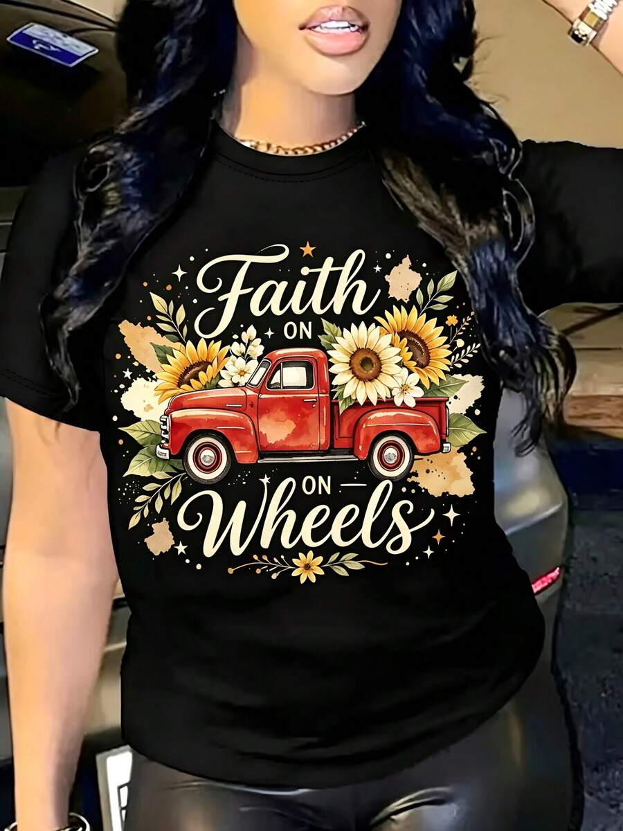 Vintage Fashion Wheel - เสื้อยืดกราฟิกวินเทจสำหรับผู้หญิง ลายดอกไม้สีแดง รถบรรทุก ศรัทธาบนล้อ ลายพิมพ์ เสื้อลำลองฤดูร้อน