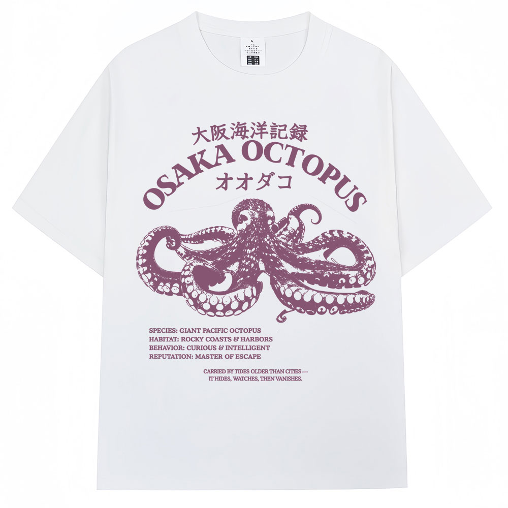 Vintage Fashion Osaka - เสื้อยืดลายปลาหมึกโอเกะซ่าสไตล์ญี่ปุ่น สำหรับผู้ชายและผู้หญิง แฟชั่นวินเทจ ลายสัตว์ทะเล เสื้อยืดลายคู่มือธรรมชาติ สำหรับคนรักทะเล