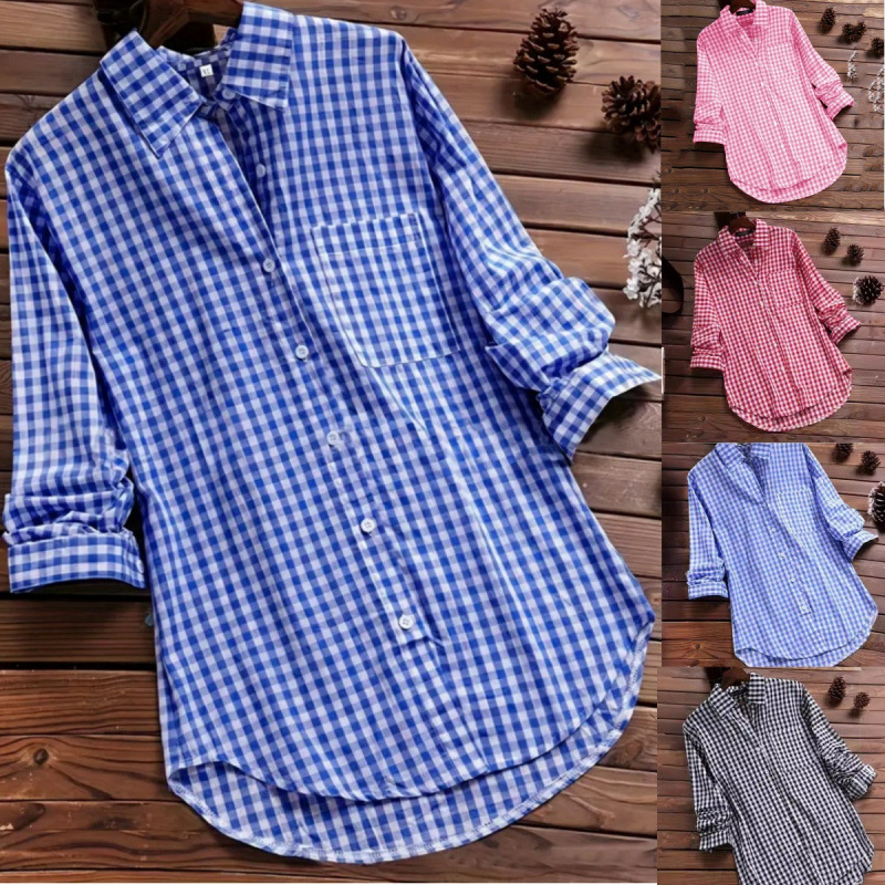Vintage Fashion Ebay - เสื้อเชิ้ตแขนยาวลายสก็อตทรงหลวม คอปก มีกระเป๋า สไตล์วินเทจ สำหรับผู้หญิง แฟชั่นฤดูใบไม้ผลิ