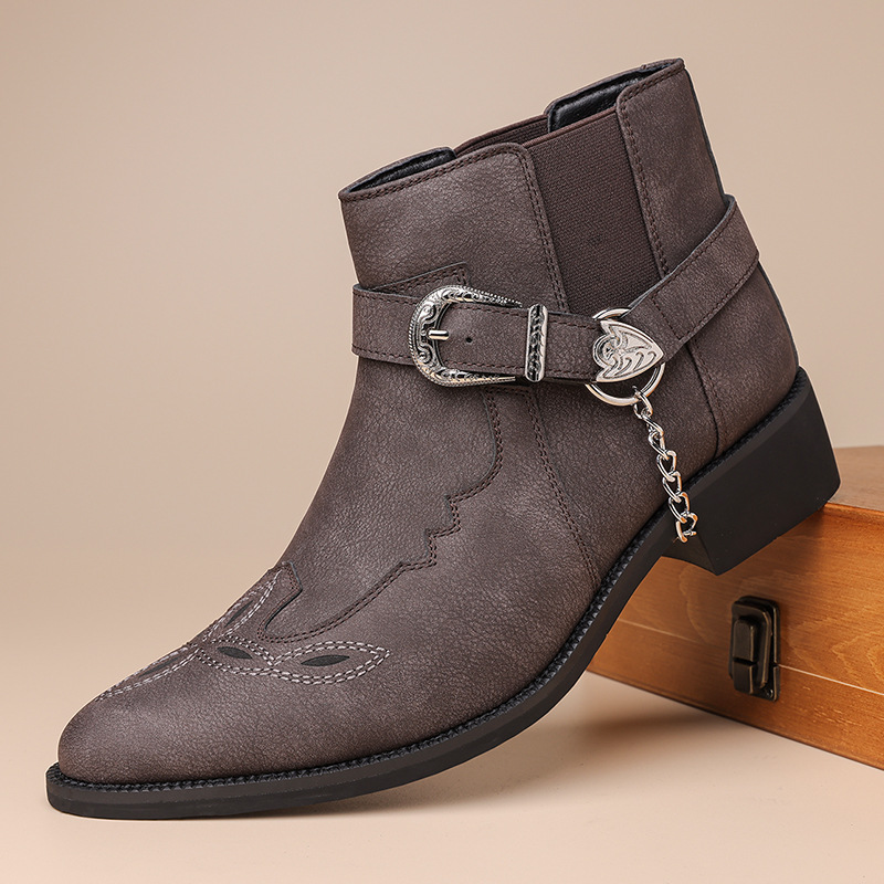 Vintage Fashion Style Men - รองเท้าบูทคาวบอยวินเทจสำหรับผู้ชาย แบรนด์ใหม่สไตล์เรโทร หนังแท้ หุ้มข้อสูง พร้อมสายรัดโซ่และหัวเข็มขัด สไตล์พังก์