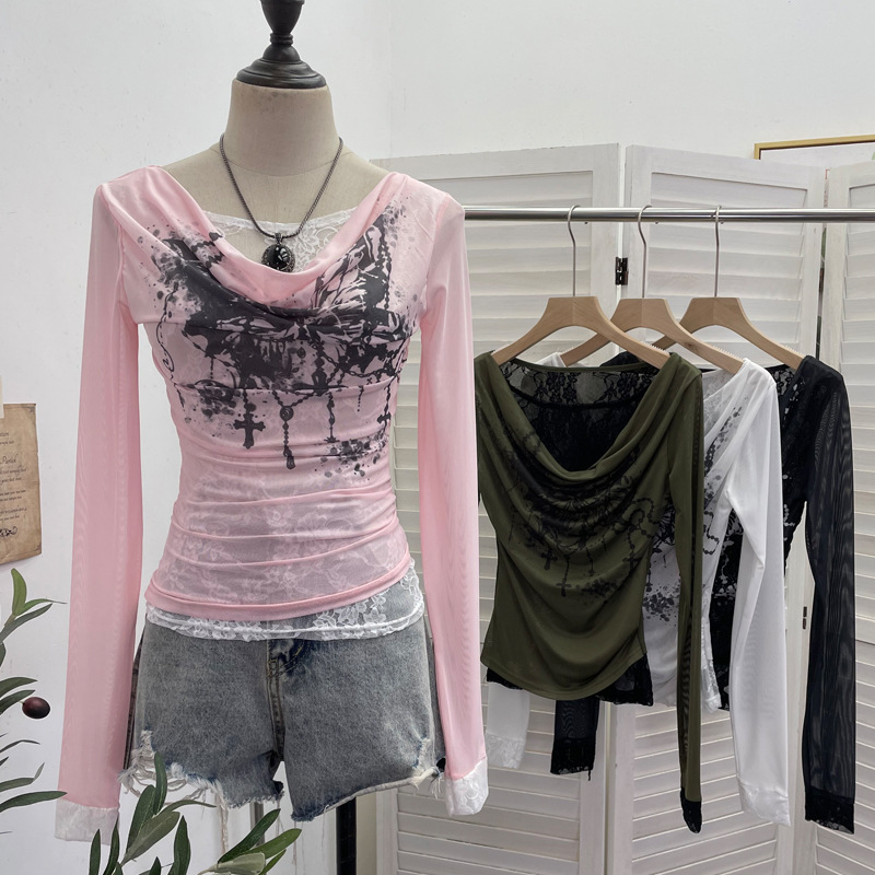 Tie Dye Shirt Vintage - ผู้หญิงสบายๆลูกไม้ Splicing ตาข่ายเสื้อยืดแขนยาว Retro พิมพ์ฮาโลวีนปลอม 2