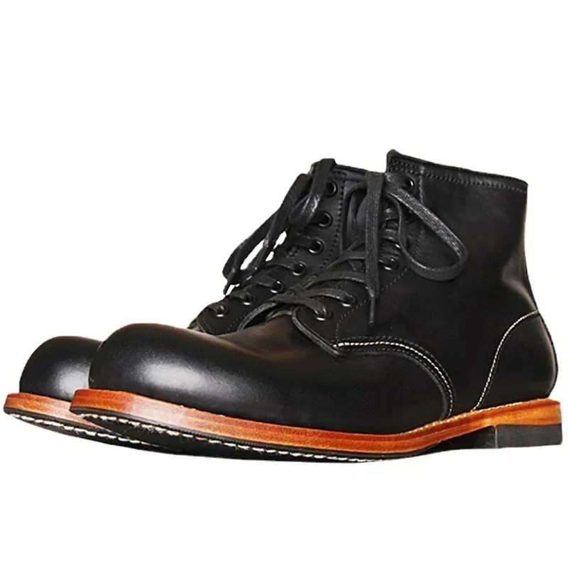 Vintage Fashion Style Men - Vintage Men Goodyear-Welted ของแท้รองเท้าหนังผู้ชาย Handmade ทํางานงานแต่งงานข้อเท้ารองเท้าสบายๆแฟชั่น