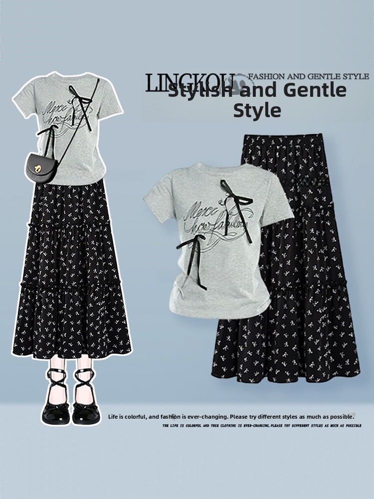 Vintage Fashion Years - ชุดแฟชั่นผู้หญิงสไตล์ลำลองรับซัมเมอร์ เสื้อยืดพิมพ์ลายตัวอักษร 3 มิติ กระโปรงวินเทจทรงเข้ารูป ชุดเซ็ตสองชิ้น
