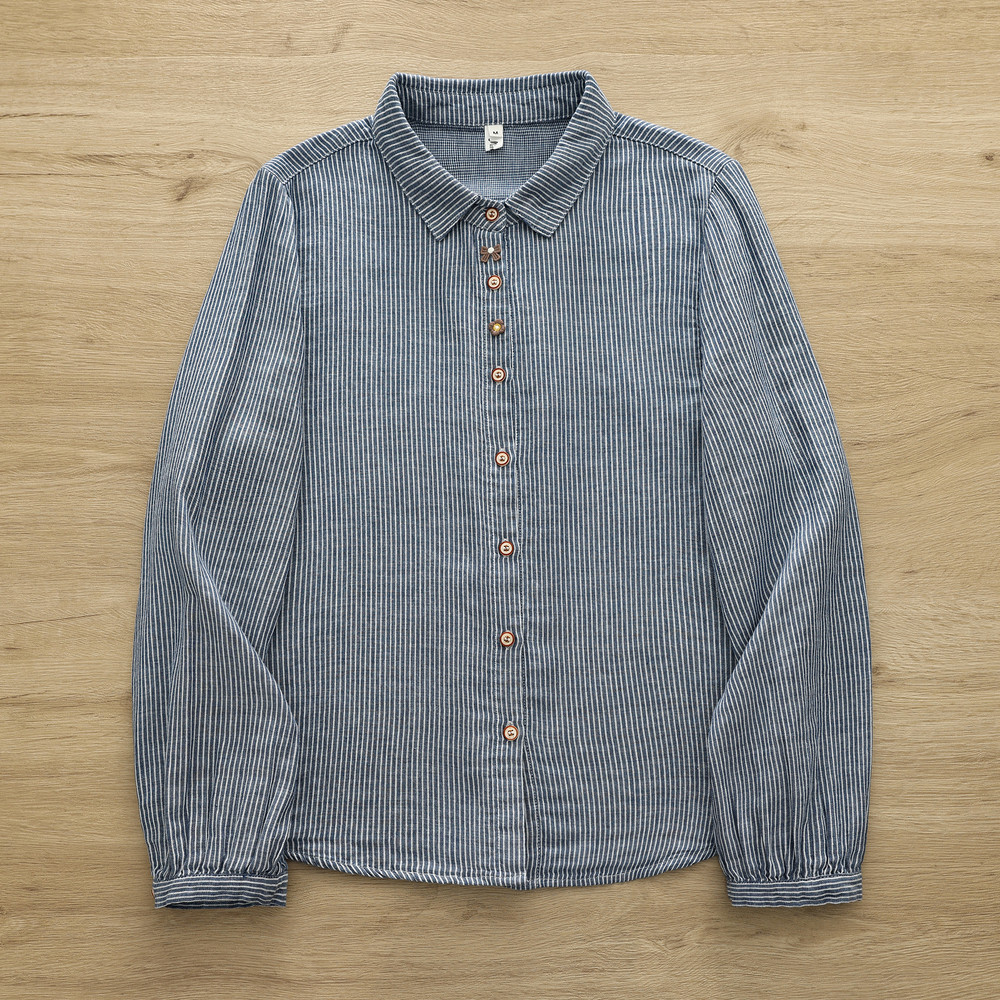 เสื้อผู้หญิงแขนยาวลายทางผ้าฝ้า - Vintage Fashion Japan บทวิจารณ์และราคา