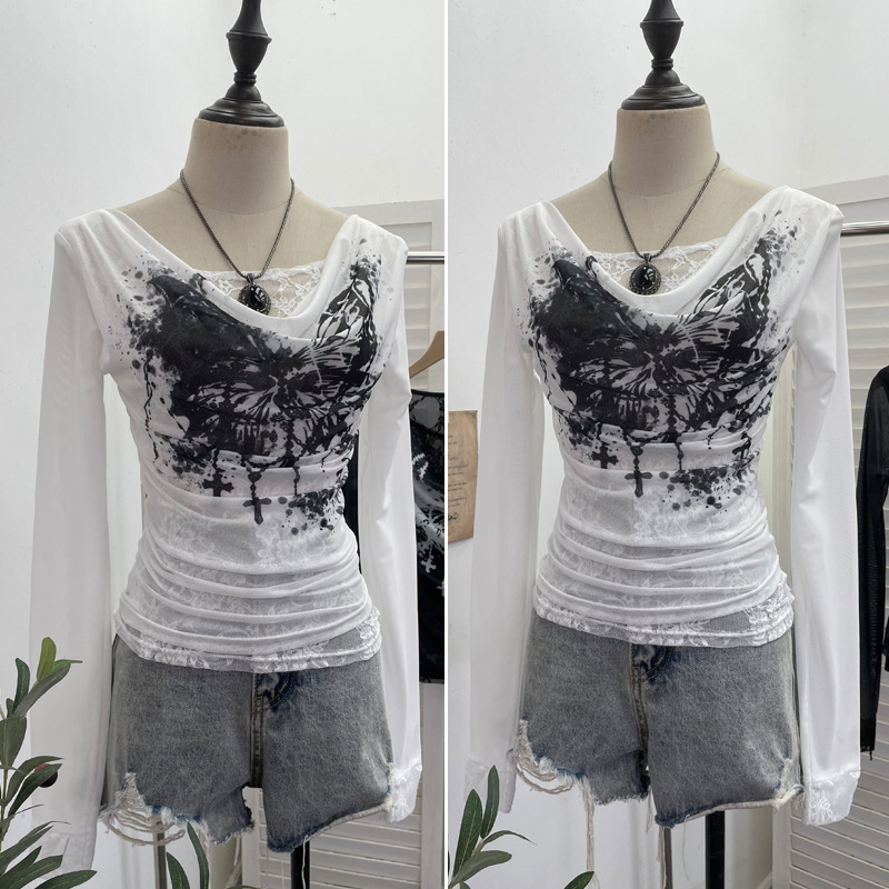 ผู้หญิงสบายๆลูกไม้ Splicing ตา - Tie Dye Shirt Vintage บทวิจารณ์และราคา