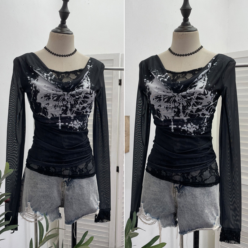 ผู้หญิงสบายๆลูกไม้ Splicing ตา - Tie Dye Shirt Vintage บทวิจารณ์และราคา