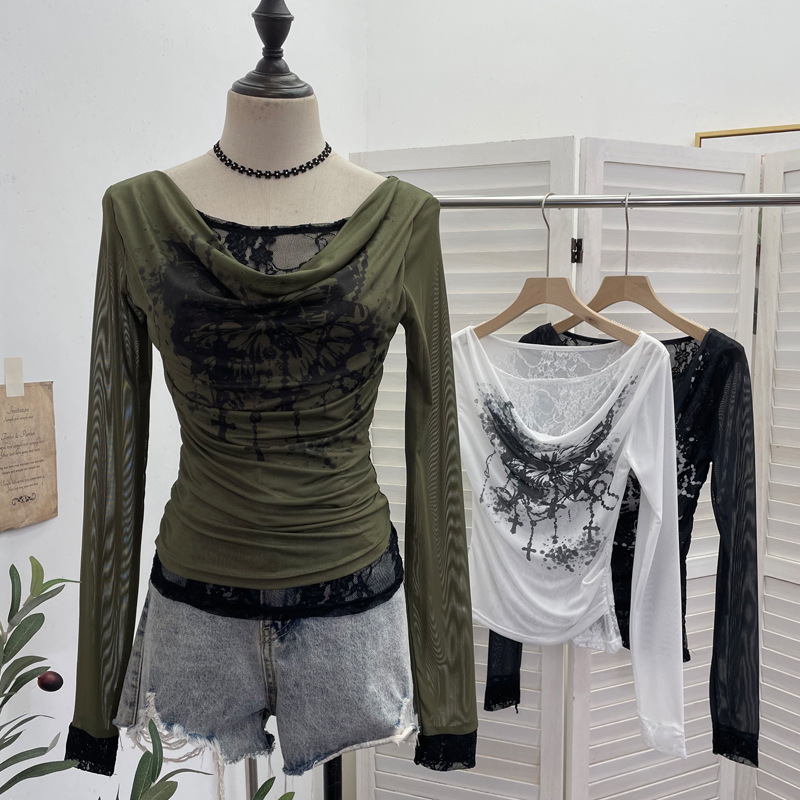 ผู้หญิงสบายๆลูกไม้ Splicing ตา - Tie Dye Shirt Vintage บทวิจารณ์และราคา